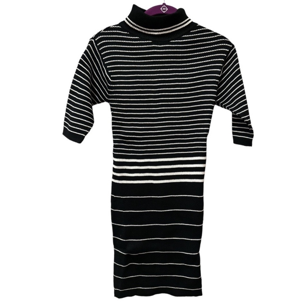 Area Stars Turtleneck Short Sleeve Thin Stripe Print Rib Knit Dress, Black, sz M